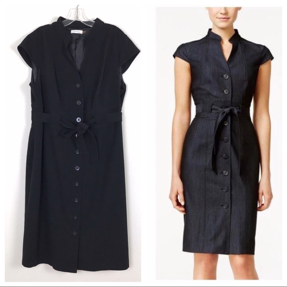 Calvin Klein Button Front Sheath Work Career Dress Plus Size Belted Office